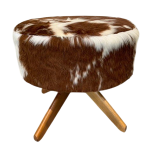 Zitbank koehuid/ hardhouten teak onderstel / rond / wit-bruin