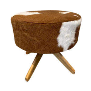 Zitbank koehuid/ hardhouten teak onderstel / rond / bruin-wit